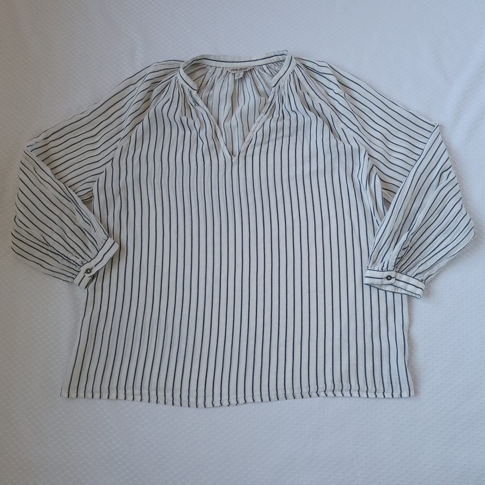 Lucky Brand Dark Blue & White Stipe Womens Small Pull Over Long Sleeve Blouse